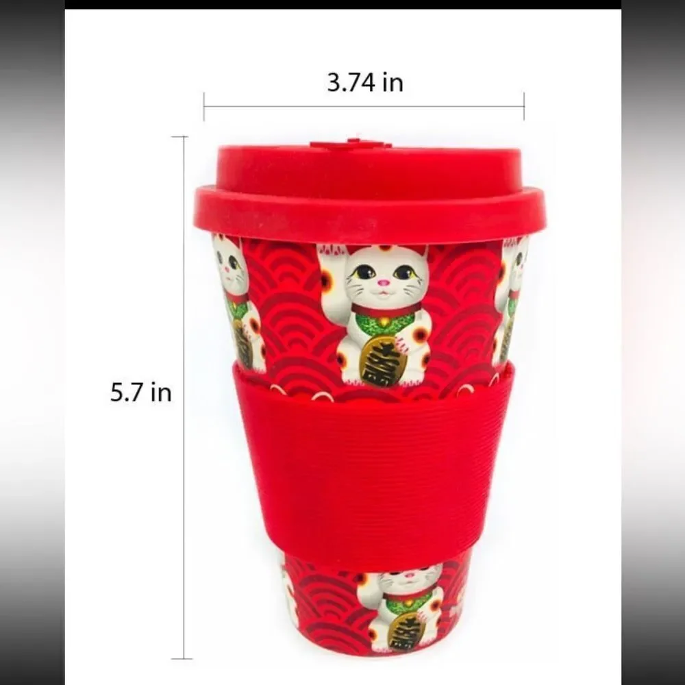 Eco-Friendly Reusable Plant Fiber Travel Mug Maneki Neko Lucky Cat Design NWT